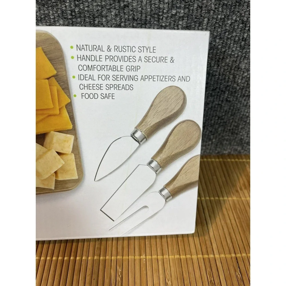 Tabletops Gallery Acacia Wood Serving Board with 3 Cheese Knives 4 Piece Set NEW